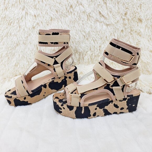 Brown Cow Print 2" Platform Harness Sandals - Picture 1 of 12